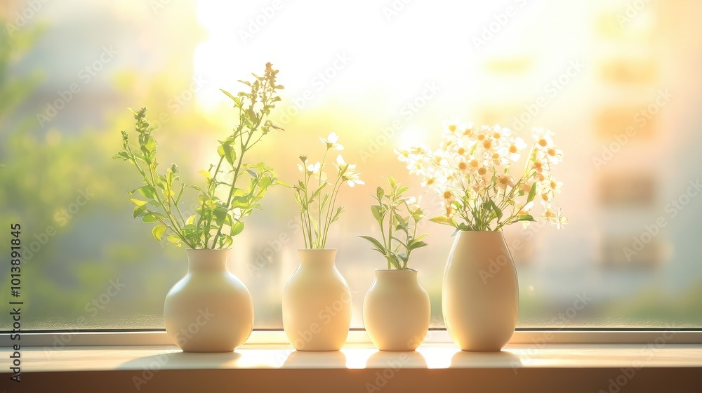 Aufkleber sunlight softly illuminating minimalist flower vases on a balcony window, creating a calm and serene