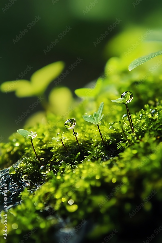 Poster close up of fresh green moss with dewdrops in sunlight. nature background with vibrant color and mac