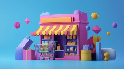 Fototapeta premium A 3D rendered illustration of a small shop with a shopping cart and bags in front of it, all on a blue background.