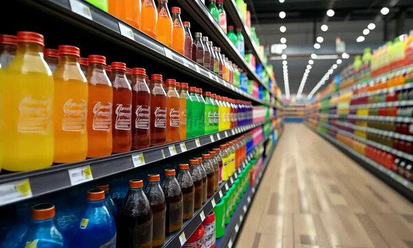Colorful Bottles on Supermarket Shelves