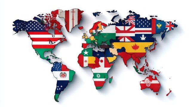 A 3D world map with flags of different countries, representing global unity and interconnectedness.