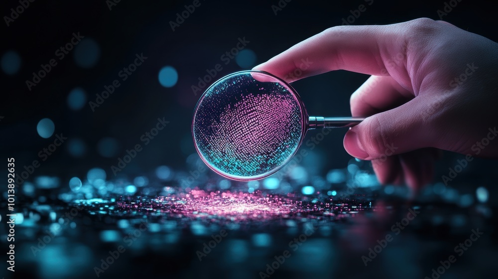 Poster a detective holding a magnifying glass over a computer screen displaying a digital footprint of a cy