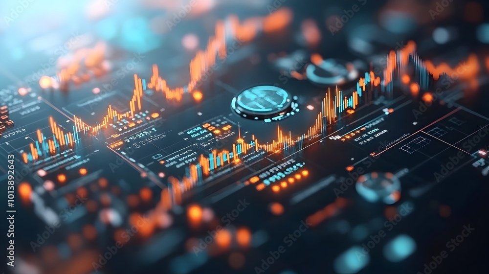Poster extreme close up macro shot of a detailed blue financial data analysis and market investment chart m