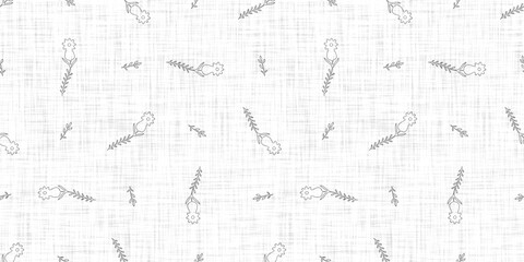 Seamless french taupe floral farmhouse linen printed fabric background. Light mottled grey cottage pattern. Shabby chic woven 2 tone cloth effect. Textile rustic organic ecru neutral all over print.