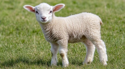 Naklejka premium A fluffy white lamb stands in a grassy field, looking directly at the camera with its big, innocent eyes.