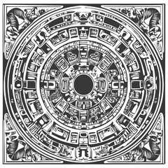 Black and White Abstract Circular Design with Geometric Patterns and Stylized Faces