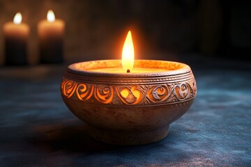 Illuminated Clay Diya with Detailed Artwork in Moody Atmosphere