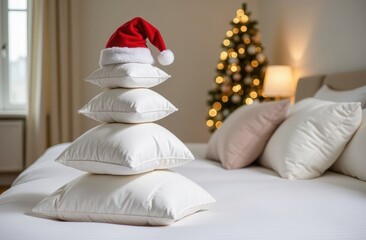 Christmas tree made of rectangular white pillows, holiday decoration at home, hotel rooms on New Year's Eve