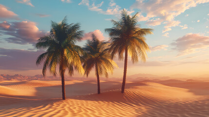 3d render icon a desert with palm trees icon 3d vision. Desert Mirage. Illustration