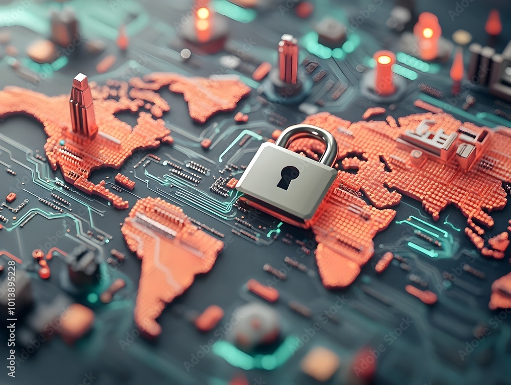 Poster secure global digital network with intricate circuit board world map and padlock ominous technocrati