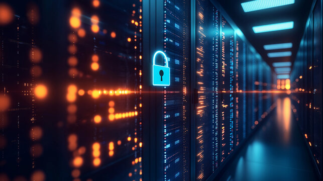 Secure Server Room with Neon Lock Symbol and Data Glowing Lights