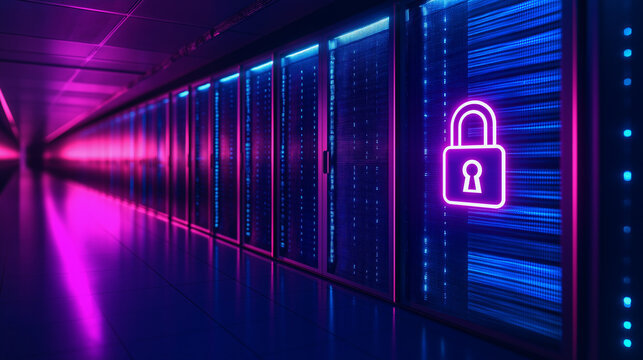 Secure Server Room with Neon Lock Symbol and Data Glowing Lights