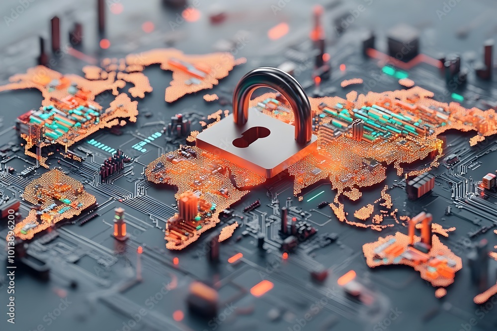 Poster secure global connectivity detailed padlock symbol overlaying an abstract digital world map