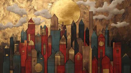 A copper and gold artwork presents cubist cityscapes with gold leaf accents and a whimsical skyline. Gold Leaf Accent. Illustration