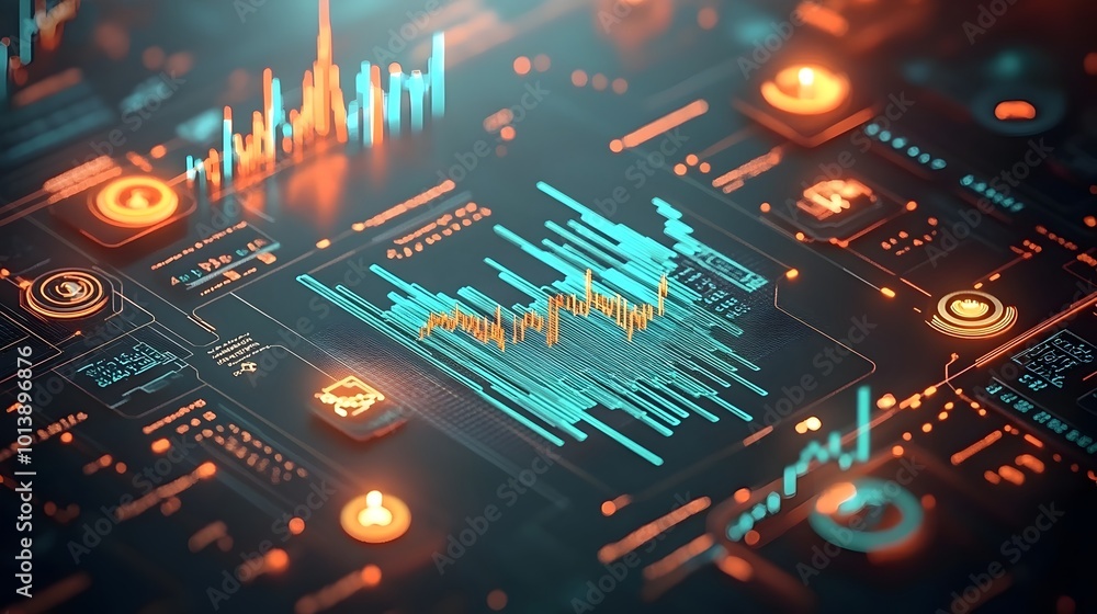 Poster dynamic blue trading chart analyzing market data through precise candlestick patterns with moody chi