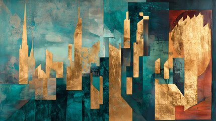 A copper and gold artwork presents cubist cityscapes with gold leaf accents and a whimsical skyline. Gold Leaf Accent. Illustration
