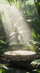 stone platform surrounded by lush greenery, a misty rainforest atmosphere