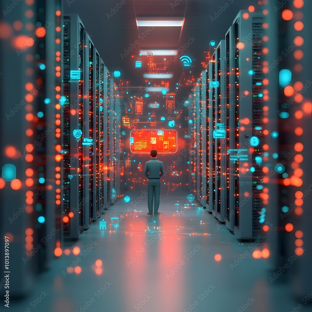 Poster futuristic data center with towering holographic data columns complex neural network visualizations 