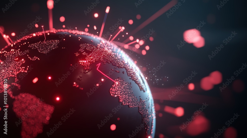 Poster a digital representation of a global network with red and blue lines representing opposing cyber for