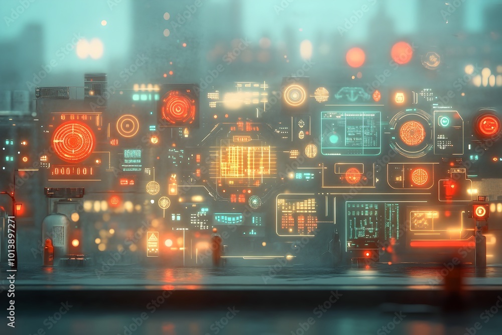 Poster foreboding futuristic digital matrix with imposing data structures luminescent control panels and in