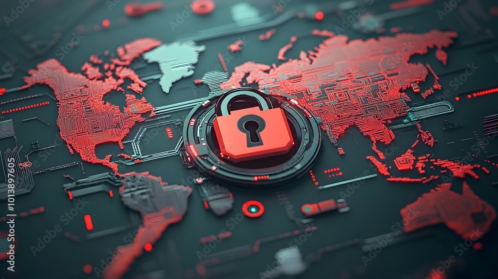 Poster safeguarding global data and communications with an intricate padlock icon displayed on a detailed t