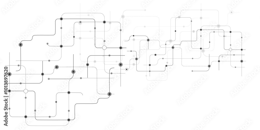 Poster Vectors White Abstract geometric dots and lines connection circuit concept. Global communication technology background design