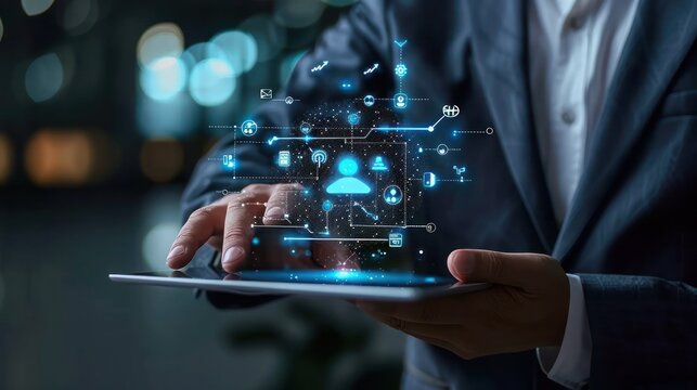 Businessman Using Digital Tablet for CRM Management Integrated Customer Service, HR, and Recruitment Data Display, global structure customer network technology, Customer Relationship Management concep