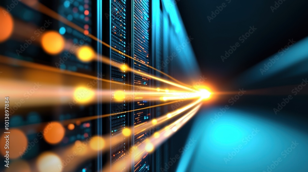 Poster a server rack with flashing lights, representing the power and efficiency of cloud data storage solu