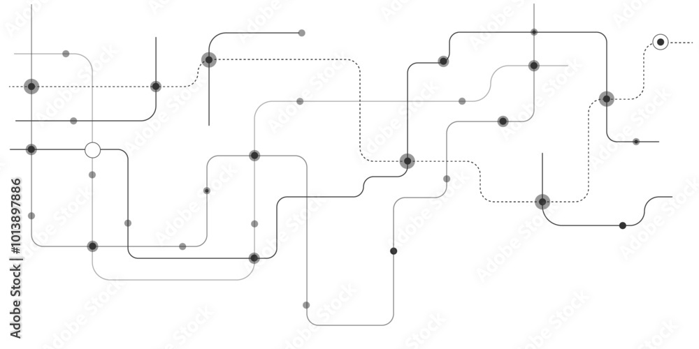 Poster Vectors White Abstract geometric dots and lines connection circuit concept. Global communication technology background design