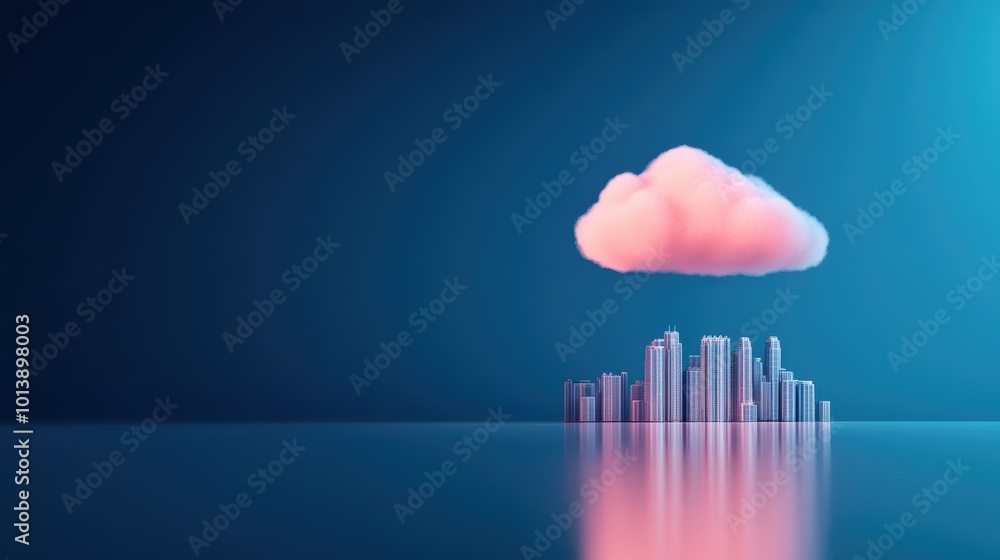 Poster a modern cityscape with a large cloud icon floating above, depicting the global reach and scalabilit