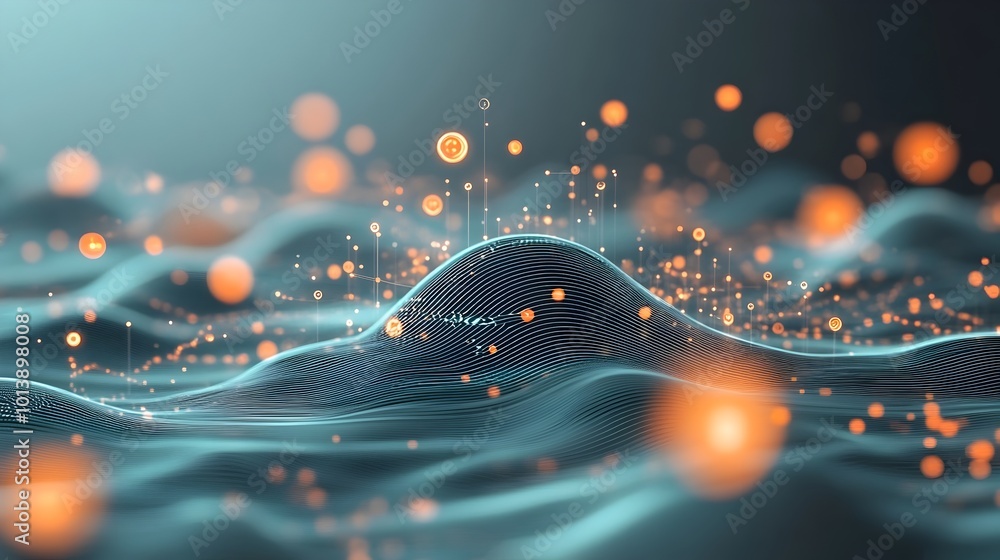Poster captivating digital data visualization with dynamic abstract shapes and flowing particles futuristic