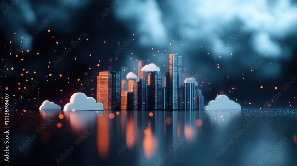 Poster a futuristic cityscape with cloud icons and ai powered systems, highlighting the integration of ai i