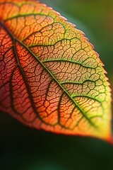 Obraz premium Closeup of an autumn leaf with vibrant colors and intricate veins.