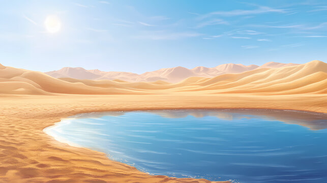 A desert mirage distorting the distant horizon, creating the illusion of water on the sunbaked sand. Desert Mirage. Illustration