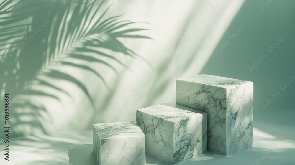 Poster marble blocks with palm leaf shadow in sunlight