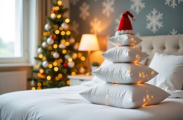 Christmas tree made of rectangular white pillows, holiday decoration at home, hotel rooms on New Year's Eve