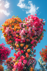 Shot of tall trees, covered with roses of various colors, a huge heart-shaped structure between the tree and the flower branches of the tree