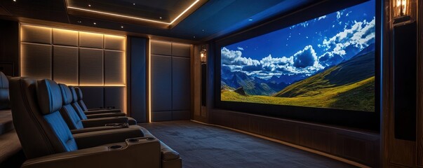 A luxury home theater design showroom with the latest in audio-visual technology, custom seating solutions, and expert design consultations