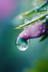Close up Macro Shot of Dewdrop on Pink Petal with Green Leaf