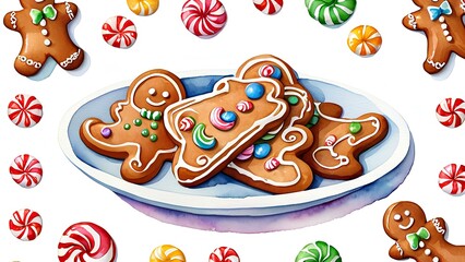 gingerbread cookies, decorated with vibrant icing and candies, illustrated in a playful and colorful watercolor style