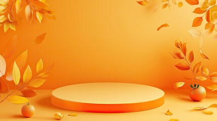 A minimalist orange and yellow product display with falling leaves and a round platform.