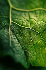 Close up macro photo of a green leaf's veins and texture