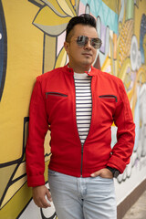 Close up of a male model in a city, beauty and casual fashion, latin person portrait, lifestyle