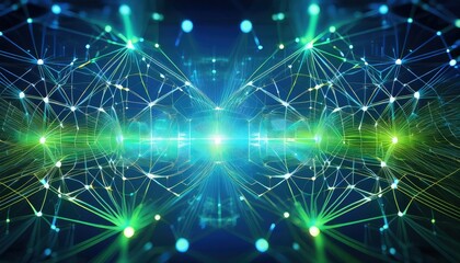Technological network illuminated by fluorescent lime green and soft azure hues, suggesting connectivity and innovation