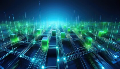 Technological network illuminated by fluorescent lime green and soft azure hues, suggesting connectivity and innovation