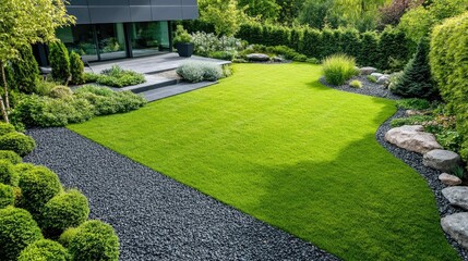 A modern, minimalist backyard with lush green grass, gravel paths, and landscaping.
