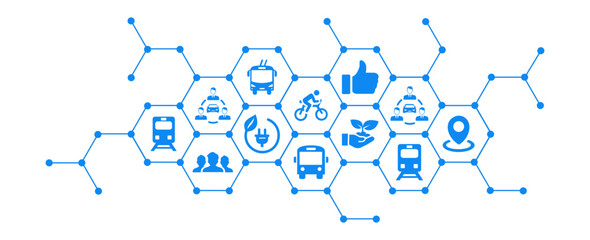 New mobility icon concept ,ecological public transport alternatives: bus, bike, car sharing, train , vector illustration