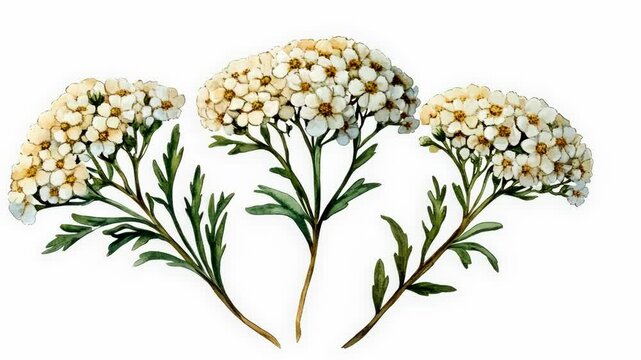 Three sprigs of yarrow with white flowers bloom in this watercolor illustration