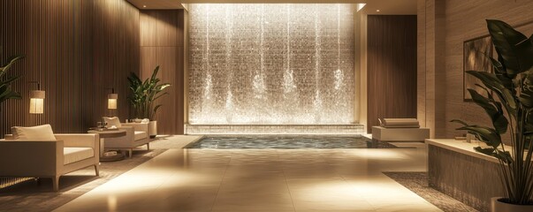 A luxury spa reception with a calming water wall, elegant seating, and a serene palette of earth tones to welcome guests