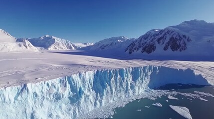 A panoramic view of a massive glacier with a cliff face overlooking a frozen sea with snow-capped mountains in the background under a bright blue sky.